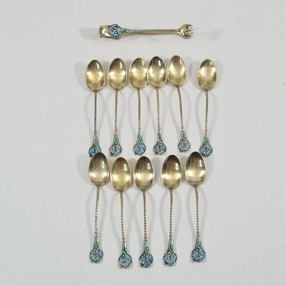 Gorham Sterling & Enamel Flowers Demitasse Spoons Set of 11 & Sugar Tong #808